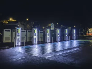 Six High Power chargers at night at MOTO Cherwell Valley