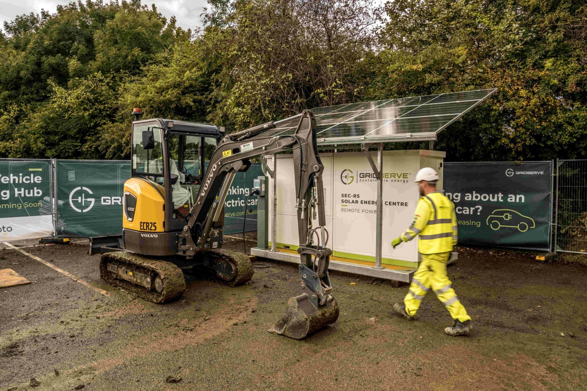 Fully-electric excavator powered by a GRIDSERVE Solar Energy Centre