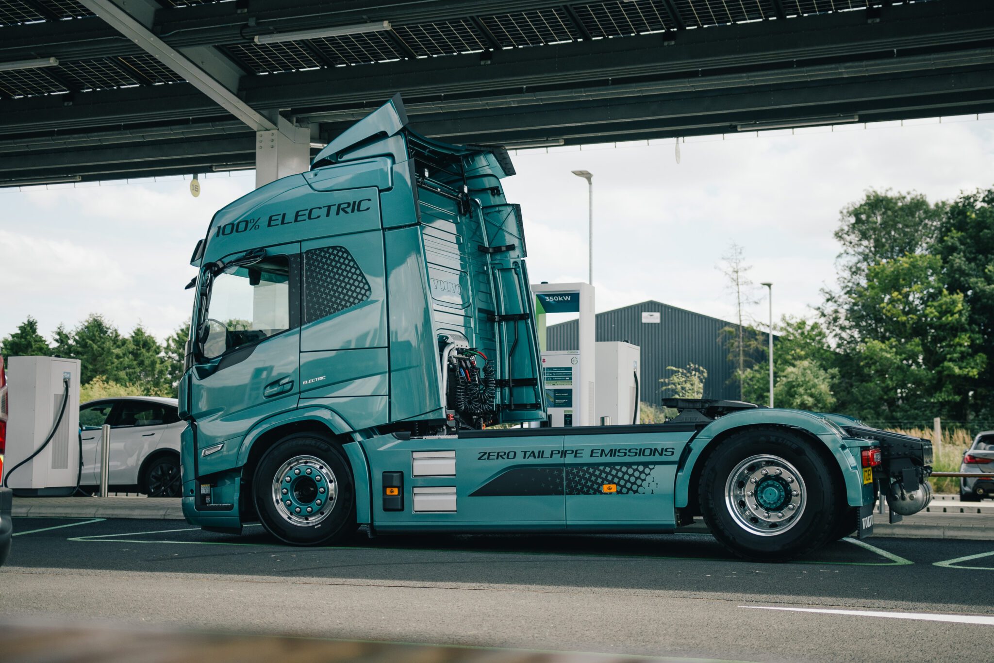 Charging an electric truck at a GRIDSERVE Electric Forecourt 