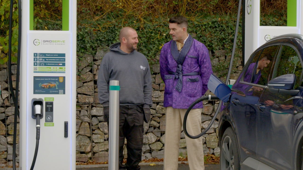 Troy Hawke Greeter's Guild at GRIDSERVE EV charging station in Moto Exeter