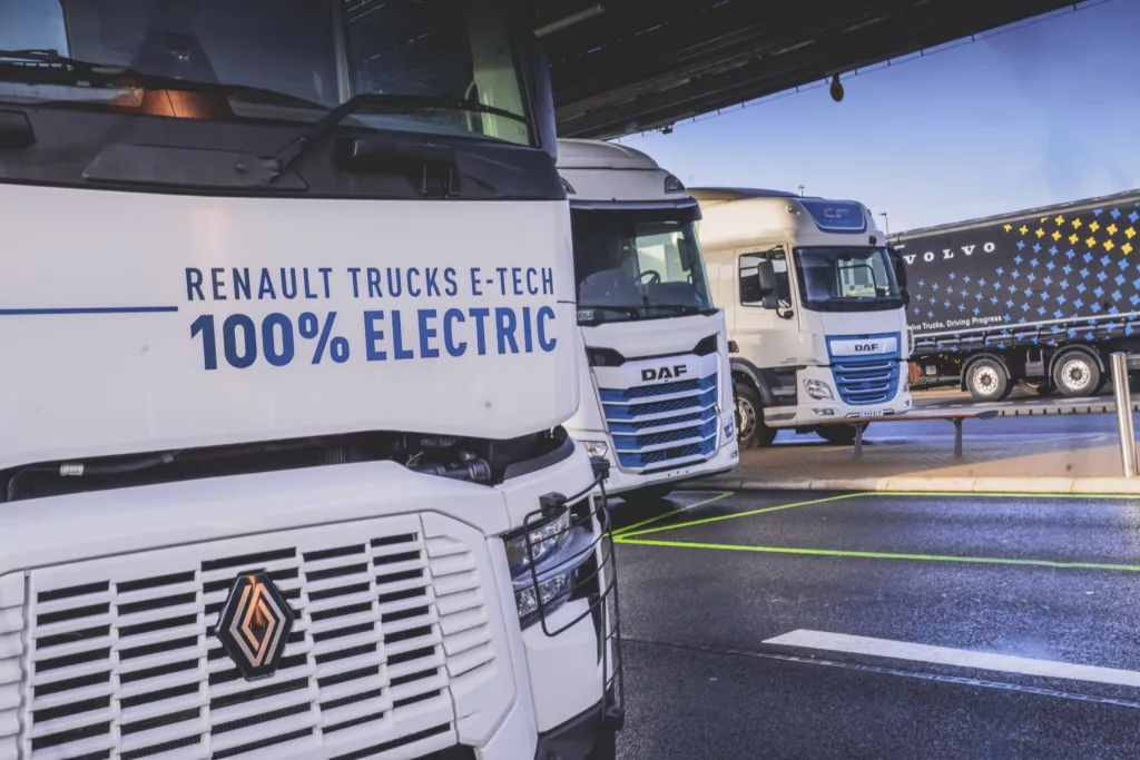 Consortium truck members of GRIDSERVE Electric Freightway Project DAF, Renault and Volvo