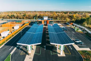 Braintree Electric Forecourt aerial photo of solar canopy
