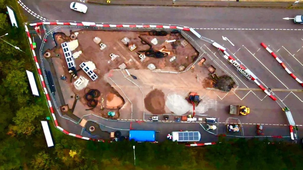 Drone shot of GRIDSERVE ehgv construction at Moto Exeter