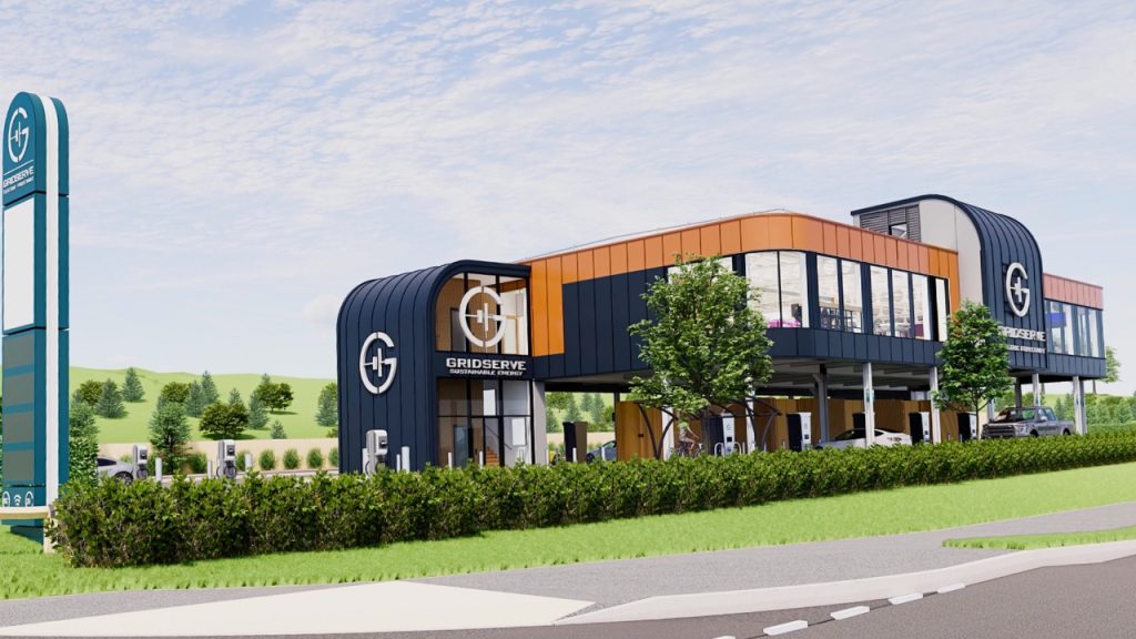 Visualisation of the GRIDSERVE Electric Forecourt in Markham Vale, which opens in summer 2026 construction