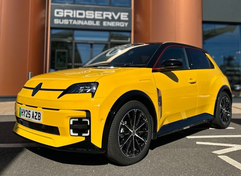 UK Car of the year Renault 5 outside GRIDSERVE Stevenage Electric Forecourt
