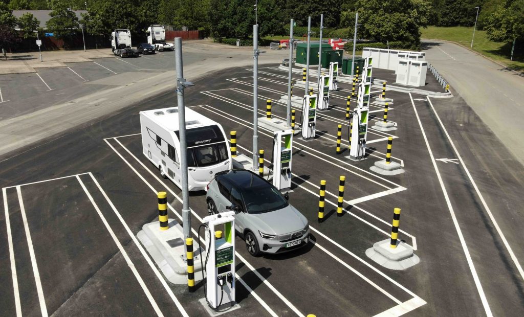 Extra-large EV charging bays for electric tow cars and caravans at Moto Tamworth