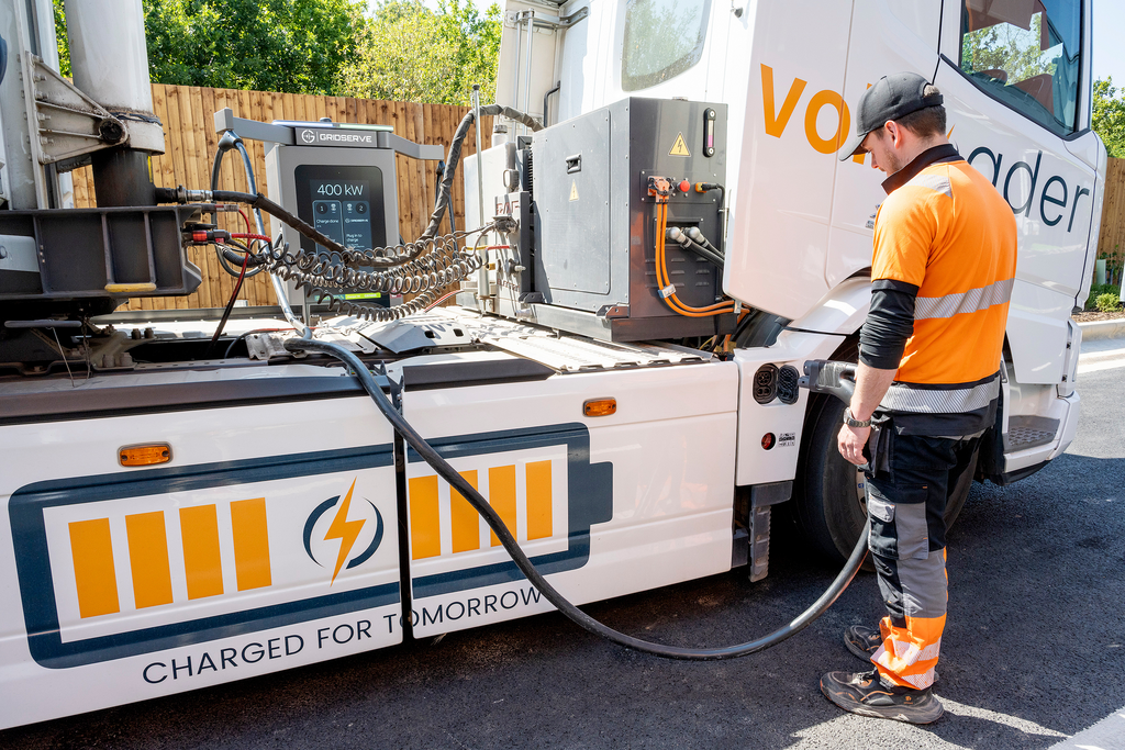 A Voltloader eHGV being connected to an ultra-rapid charger at the GRIDSERVE Markham Vale Electric Forecourt