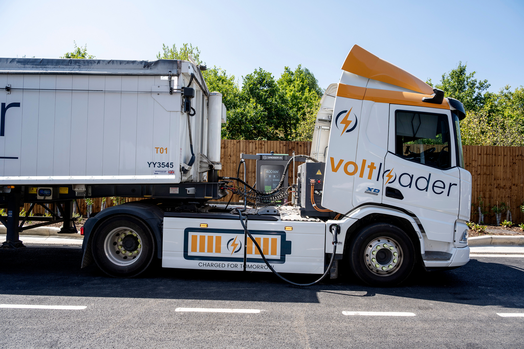 A Voltloader eHGV charging up at the GRIDSERVE Markham Vale Electric Forecourt